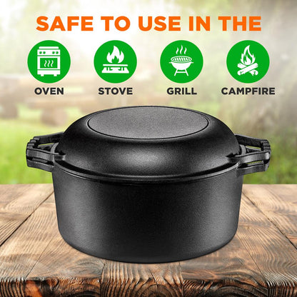 NutriChef 2‑in‑1 Cast Iron Dutch Oven with Skillet Lid – Pre-Seasoned Nonstick NCCI2PT8
