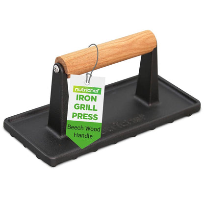 NutriChef Cast Iron Grill Press – Heavy‑Duty Bacon, Burger & Steak Press with Beech Wood Handle NCCIPRES