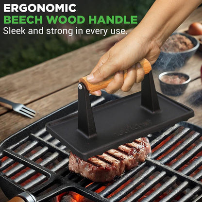 NutriChef Cast Iron Grill Press – Heavy‑Duty Bacon, Burger & Steak Press with Beech Wood Handle NCCIPRES