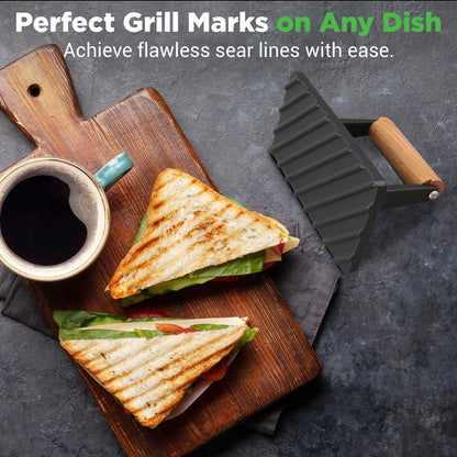 NutriChef Cast Iron Grill Press – Heavy‑Duty Bacon, Burger & Steak Press with Beech Wood Handle NCCIPRES