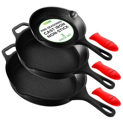 NutriChef 3‑Piece Cast Iron Skillet Set – Pre‑Seasoned, Nonstick, Cool‑Touch Handle NCCIPS3P49