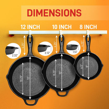 NutriChef 3‑Piece Cast Iron Skillet Set – Pre‑Seasoned, Nonstick, Cool‑Touch Handle NCCIPS3P49