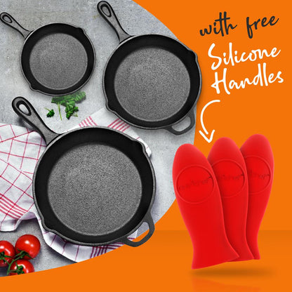 NutriChef 3‑Piece Cast Iron Skillet Set – Pre‑Seasoned, Nonstick, Cool‑Touch Handle NCCIPS3P49
