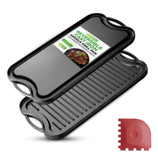 NutriChef 20″ Reversible Cast Iron Grill & Griddle Plate – Even Heating, Includes Scraper NCCIRG64