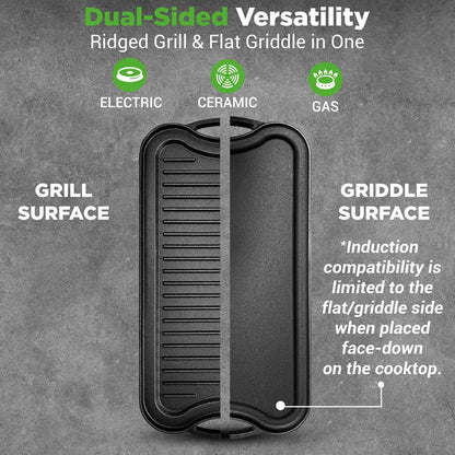 NutriChef 20″ Reversible Cast Iron Grill & Griddle Plate – Even Heating, Includes Scraper NCCIRG64