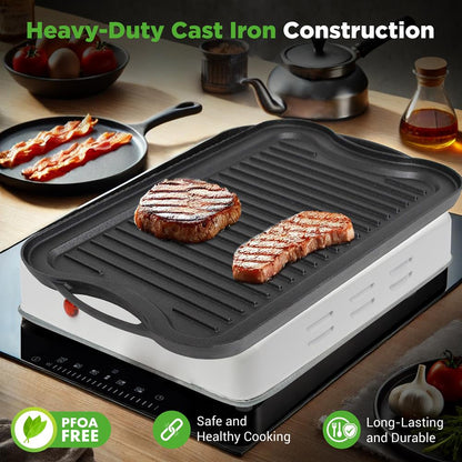 NutriChef 20″ Reversible Cast Iron Grill & Griddle Plate – Even Heating, Includes Scraper NCCIRG64