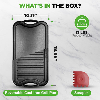NutriChef 20″ Reversible Cast Iron Grill & Griddle Plate – Even Heating, Includes Scraper NCCIRG64