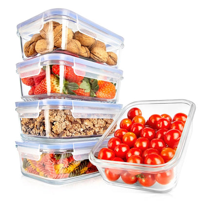 NutriChef Set of 5 Glass Food Storage Containers – Airtight Locking Lids with Vent, Stackable & BPA-Free NCCLX5B7