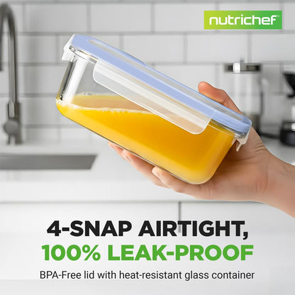 NutriChef Set of 5 Glass Food Storage Containers – Airtight Locking Lids with Vent, Stackable & BPA-Free NCCLX5B7