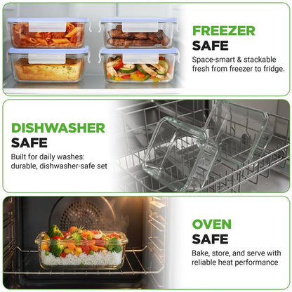 NutriChef Set of 5 Glass Food Storage Containers – Airtight Locking Lids with Vent, Stackable & BPA-Free NCCLX5B7