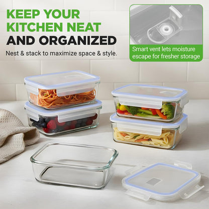 NutriChef Set of 5 Glass Food Storage Containers – Airtight Locking Lids with Vent, Stackable & BPA-Free NCCLX5B7