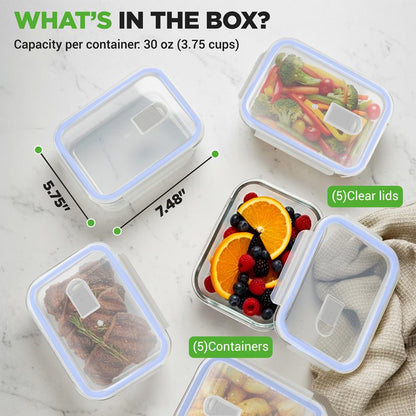 NutriChef Set of 5 Glass Food Storage Containers – Airtight Locking Lids with Vent, Stackable & BPA-Free NCCLX5B7