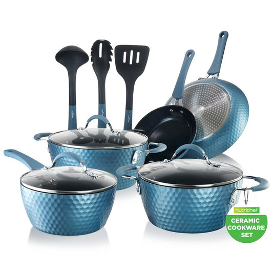 NutriChef 11-Piece Non-Stick Cookware Set – Diamond Pattern Pots & Pans with Lids & Utensils NCCW11BD