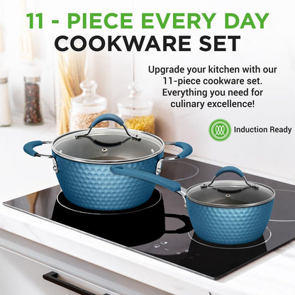 NutriChef 11-Piece Non-Stick Cookware Set – Diamond Pattern Pots & Pans with Lids & Utensils NCCW11BD