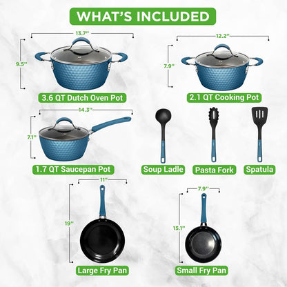 NutriChef 11-Piece Non-Stick Cookware Set – Diamond Pattern Pots & Pans with Lids & Utensils NCCW11BD