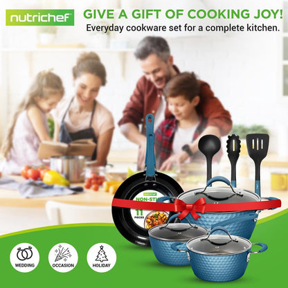 NutriChef 11-Piece Non-Stick Cookware Set – Diamond Pattern Pots & Pans with Lids & Utensils NCCW11BD