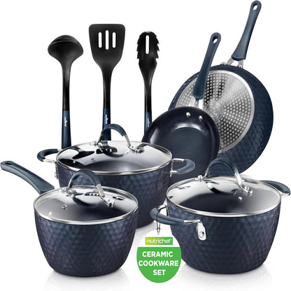 NutriChef 11-Piece Non-Stick Cookware Set – Diamond Pattern Pots & Pans with Lids & Utensils NCCW11DS