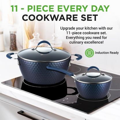 NutriChef 11-Piece Non-Stick Cookware Set – Diamond Pattern Pots & Pans with Lids & Utensils NCCW11DS