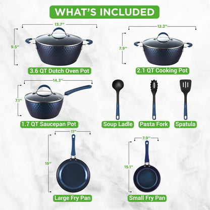 NutriChef 11-Piece Non-Stick Cookware Set – Diamond Pattern Pots & Pans with Lids & Utensils NCCW11DS