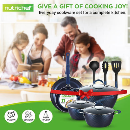 NutriChef 11-Piece Non-Stick Cookware Set – Diamond Pattern Pots & Pans with Lids & Utensils NCCW11DS