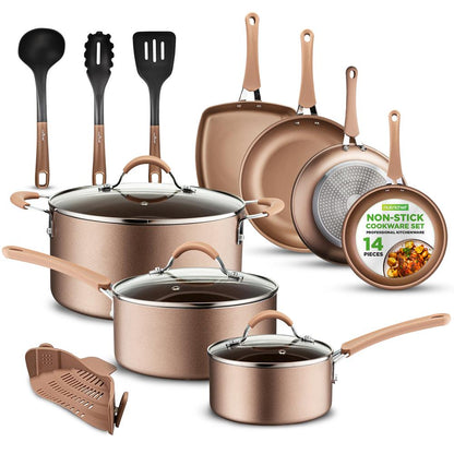 NutriChef 14 Piece Nonstick Cookware Set - Pots, Pans and Utensils - Gold NCCW14S