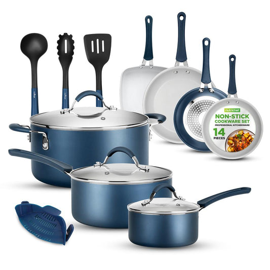 NutriChef 14-Piece Nonstick Cookware Set - Pots, Pans and Utensils - Blue
 NCCW14SBLU