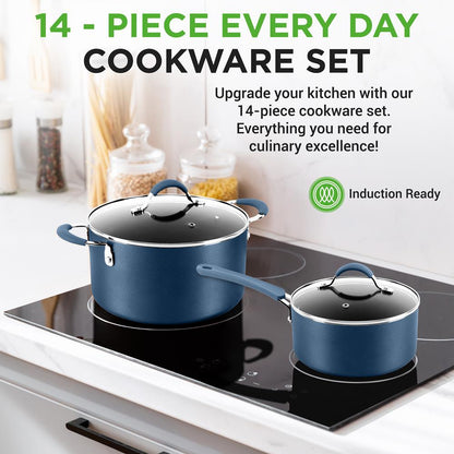 NutriChef 14-Piece Nonstick Cookware Set - Pots, Pans and Utensils - Blue
 NCCW14SBLU
