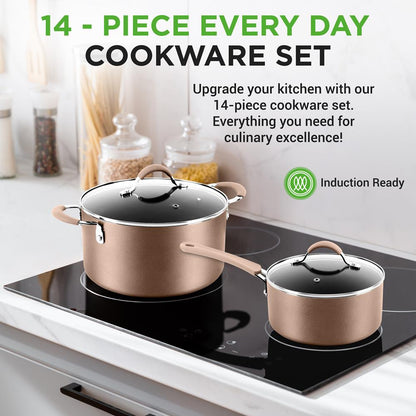 NutriChef 14 Piece Nonstick Cookware Set - Pots, Pans and Utensils - Gold NCCW14S