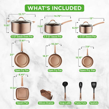 NutriChef 14 Piece Nonstick Cookware Set - Pots, Pans and Utensils - Gold NCCW14S