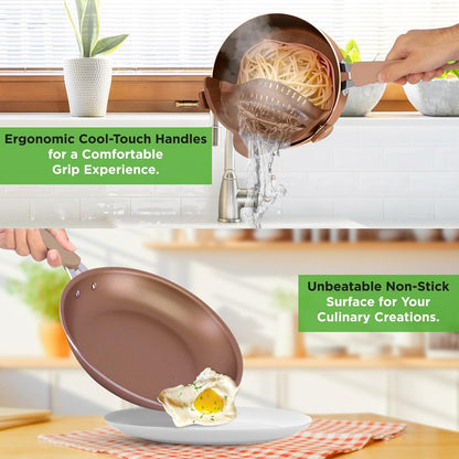 NutriChef 14 Piece Nonstick Cookware Set - Pots, Pans and Utensils - Gold NCCW14S
