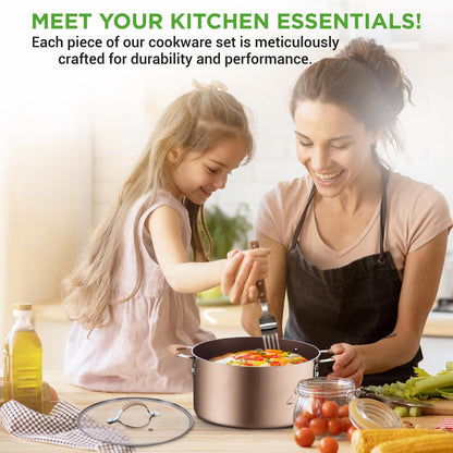 NutriChef 14 Piece Nonstick Cookware Set - Pots, Pans and Utensils - Gold NCCW14S