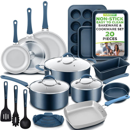 NutriChef 20-Piece Nonstick Cookware and Bakeware Set - Pots, Pans and Utensils - Blue
 NCCW20SBLU