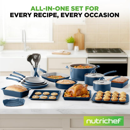 NutriChef 20-Piece Nonstick Cookware and Bakeware Set - Pots, Pans and Utensils - Blue
 NCCW20SBLU