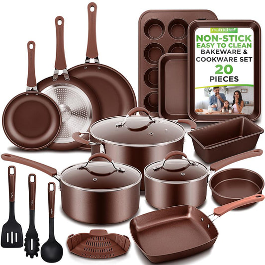 NutriChef 20-Piece Nonstick Cookware and Bakeware Set - Pots, Pans and Utensils - Brown
 NCCW20SBR