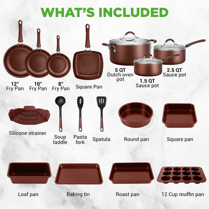 NutriChef 20-Piece Nonstick Cookware and Bakeware Set - Pots, Pans and Utensils - Brown
 NCCW20SBR