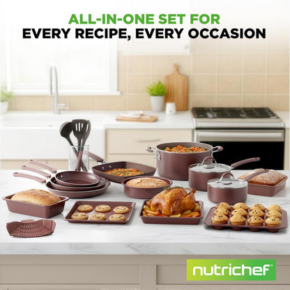 NutriChef 20-Piece Nonstick Cookware and Bakeware Set - Pots, Pans and Utensils - Brown
 NCCW20SBR