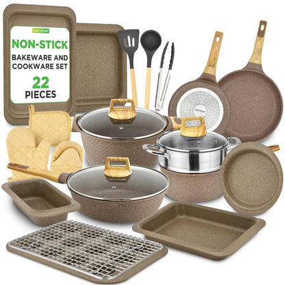 NutriChef 22-Piece Nonstick Cookware, Bakeware & Utensil Set – Brown 
 NCCW22MAR