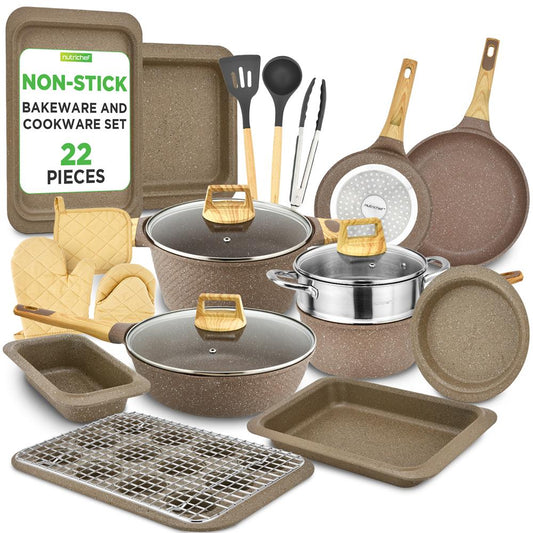 NutriChef 22-Piece Nonstick Cookware, Bakeware & Utensil Set – Brown 
 NCCW22MAR
