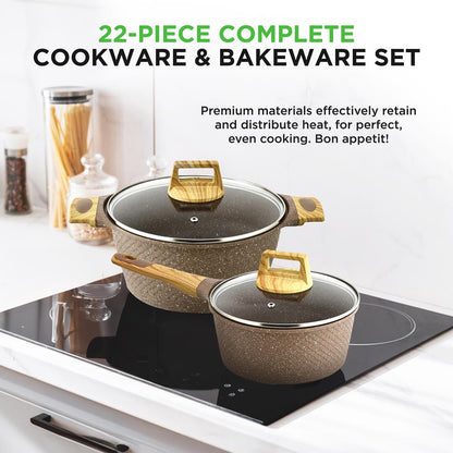 NutriChef 22-Piece Nonstick Cookware, Bakeware & Utensil Set – Brown 
 NCCW22MAR