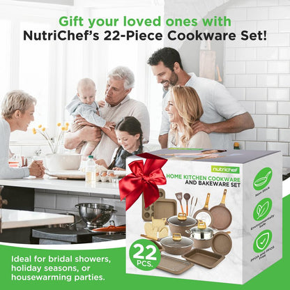 NutriChef 22-Piece Nonstick Cookware, Bakeware & Utensil Set – Brown 
 NCCW22MAR
