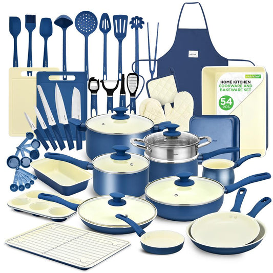 NutriChef 54 Piece Complete Kitchen Set - Nonstick Cookware, Bakeware, Utensils, Knives and Gadgets in Blue NCCW54GRA