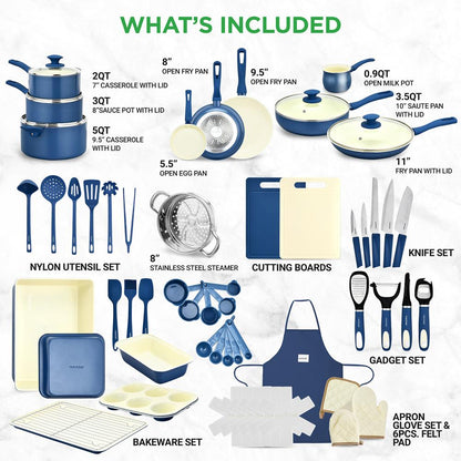NutriChef 54 Piece Complete Kitchen Set - Nonstick Cookware, Bakeware, Utensils, Knives and Gadgets in Blue NCCW54GRA