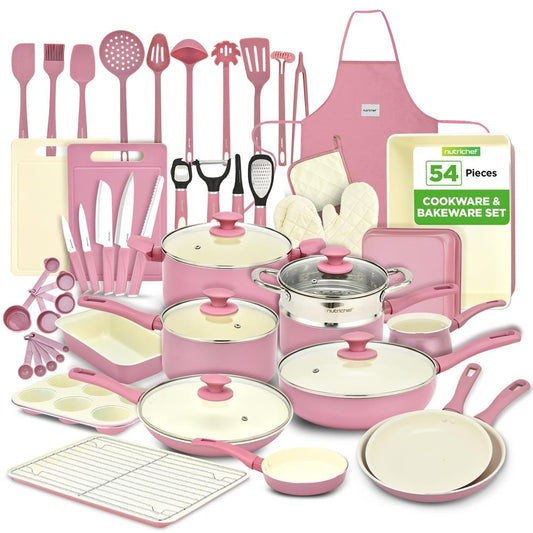 NutriChef 54‑Piece Nonstick Ceramic Kitchen Set – Cookware, Bakeware & Utensils, Pink  NCCW54PNK