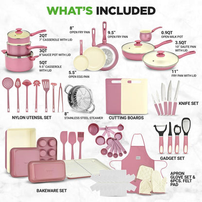 NutriChef 54‑Piece Nonstick Ceramic Kitchen Set – Cookware, Bakeware & Utensils, Pink  NCCW54PNK