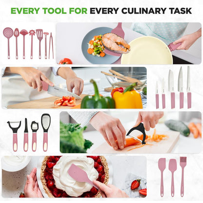 NutriChef 54‑Piece Nonstick Ceramic Kitchen Set – Cookware, Bakeware & Utensils, Pink  NCCW54PNK