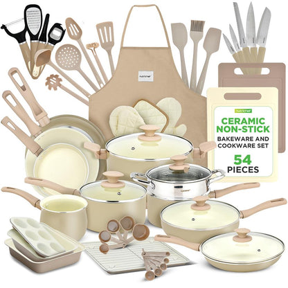 NutriChef 54 Piece Complete Kitchen Set - Nonstick Cookware, Bakeware, Utensils, Knives and Gadgets in Taupe

 NCCW54TBR