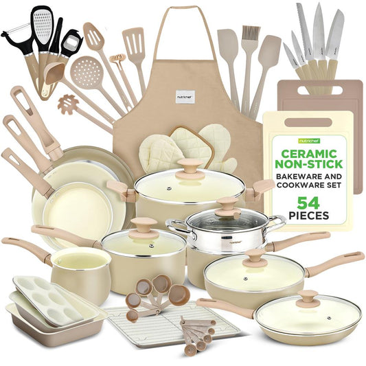 NutriChef 54 Piece Complete Kitchen Set - Nonstick Cookware, Bakeware, Utensils, Knives and Gadgets in Taupe

 NCCW54TBR