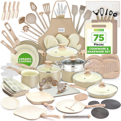 NutriChef 75-Piece Ceramic Nonstick Cookware & Bakeware Set with Utensils, Knives & Kitchen Gadgets – Taupe NCCW75TBR