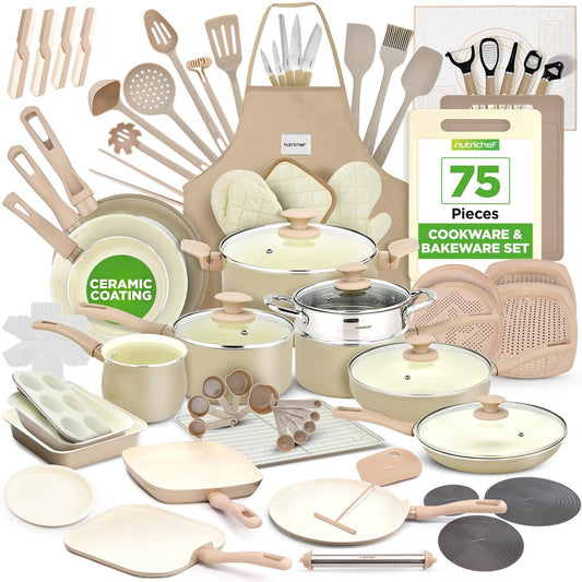 NutriChef 75-Piece Ceramic Nonstick Cookware & Bakeware Set with Utensils, Knives & Kitchen Gadgets – Taupe NCCW75TBR