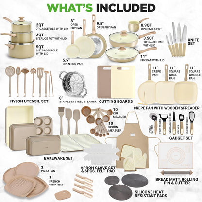 NutriChef 75-Piece Ceramic Nonstick Cookware & Bakeware Set with Utensils, Knives & Kitchen Gadgets – Taupe NCCW75TBR